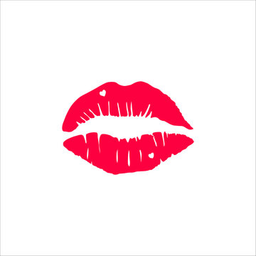 Hand drawn doodle of red lips with hearts, vector