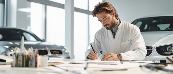 Professional male car designer working in a clean white studio