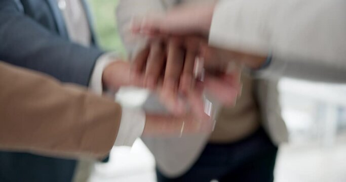 Teamwork, hands and business people huddle for support, cooperation and trust together. Collaboration, solidarity and group with motivation, success and synergy for goal, target and community mission