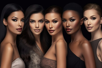 A diverse group of beautiful women with natural beauty and glowing smooth skin. Portrait of many attractive female fashion models with great skincare of all races, tones and style.