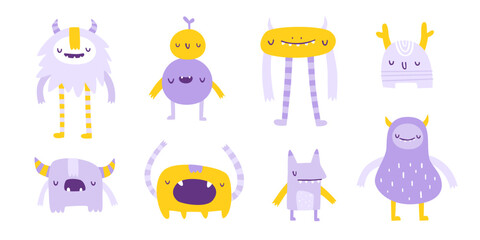 Set of cute sleeping monsters. Vector collection of naive beasts for kids. Pastel doodle monsters bundle for babies. - obrazy, fototapety, plakaty