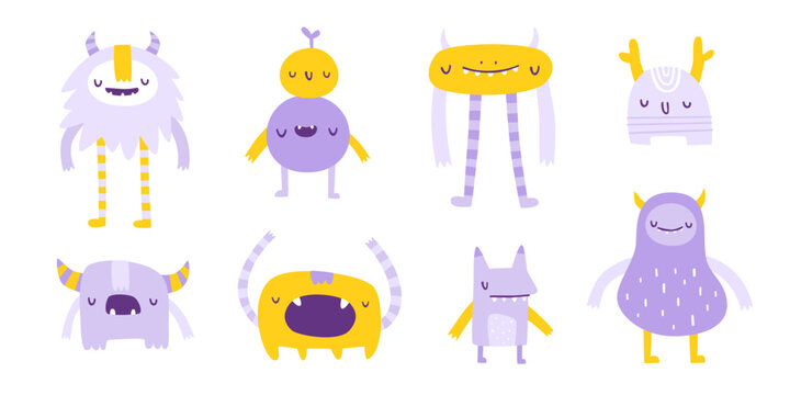 Set of cute sleeping monsters. Vector collection of naive beasts for kids. Pastel doodle monsters bundle for babies.