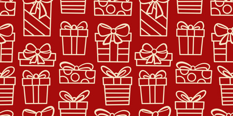 Red Christmas present vector pattern background, gift box seamless repeat wallpaper or textile print, simple holiday background with hand drawn line art elements.