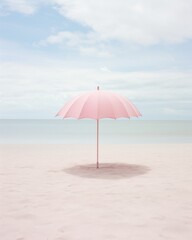 A vibrant pink umbrella stands tall against the vast blue sky, providing a pop of color on the serene beach as fluffy clouds drift lazily above and waves crash against the sandy ground, making it the