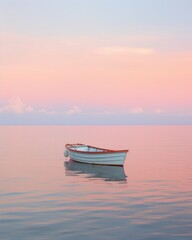 Naklejka premium As the sun rises over the tranquil water, a majestic boat sails through the sea, its white sails billowing against the backdrop of a fiery sky, capturing the essence of freedom and adventure on this 