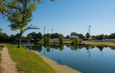 The Foginovo Kupaliste city beach on the Korana River in Karlovac, central Croatia. It is the first...