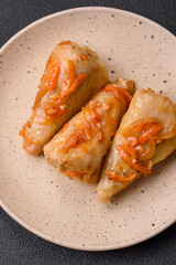 Delicious cabbage rolls with meat, rice, salt, spices and herbs