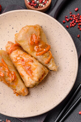 Delicious cabbage rolls with meat, rice, salt, spices and herbs