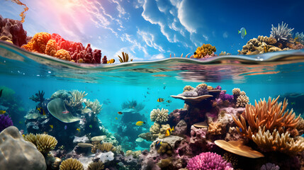 A vivid underwater photograph of a vibrant coral reef in danger of bleaching, portraying the fragile beauty threatened by ocean warming and acidification.