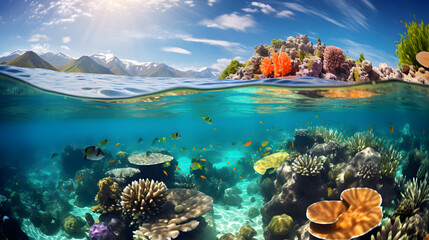 A vivid underwater photograph of a vibrant coral reef in danger of bleaching, portraying the...