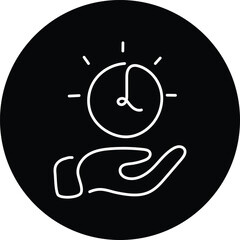 An icon depicting a vigilant hand holding a clock, symbolizing timekeeping, control, and awareness of time.