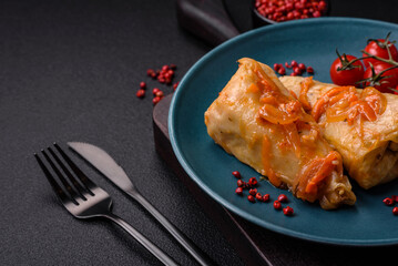 Delicious cabbage rolls with meat, rice, salt, spices and herbs