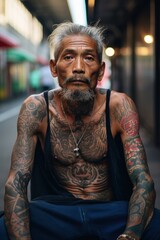 Fototapeta na wymiar A rugged man with intricate inked designs adorning his bare chest stands confidently on the busy city street, his clothing a reflection of his bold and rebellious spirit