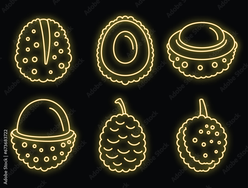 Poster Asian lychees icons set. Outline set of asian lychees vector icons neon color on black