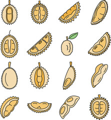 Durian fruit icons set. Outline set of durian fruit vector icons thin line color flat on white