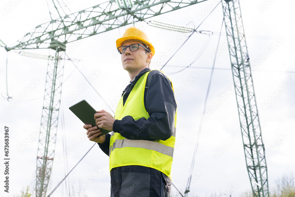 Poster Engineer with digital tablet on a background of power line tower.