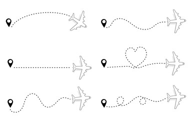 Airplane route on white background. Travel from the start point along the dotted line. Aircraft tracking and location pins Vector illustration. - obrazy, fototapety, plakaty