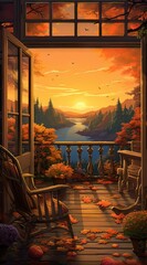 Sunset in the mountains. AI generated art illustration.