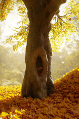 3D rendering of a elm tree surrounded by autumn leaves