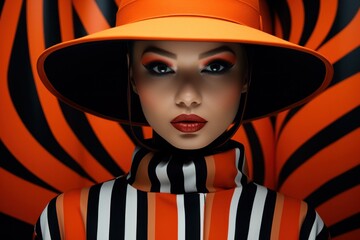 A playful cartoon doll boy watches in awe as a woman in an orange hat struts confidently by, exuding a vibrant and energetic aura