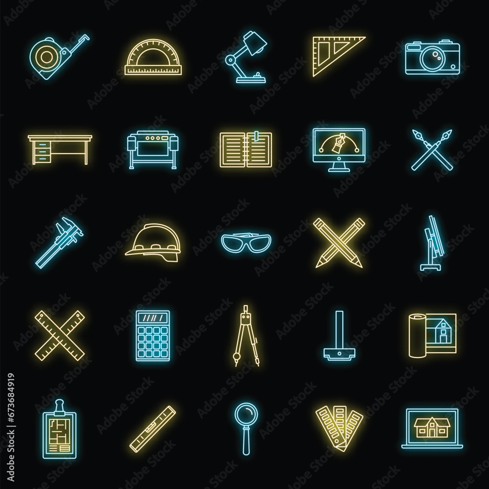 Poster architect material tool icons set. outline set of architect material tool vector icons neon color on