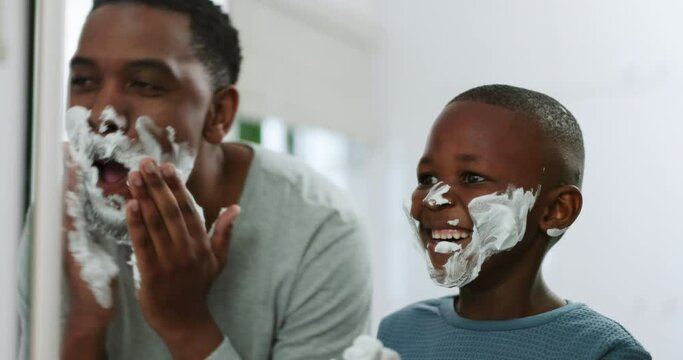 Shaving, cream and father with child in bathroom for grooming, beauty routine and wellness. Family, health and dad and kid with shave foam or soap for facial, hygiene and learning at home in morning