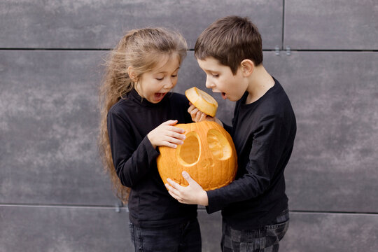 Curious siblings looking inside carved pumpkin in front of wall