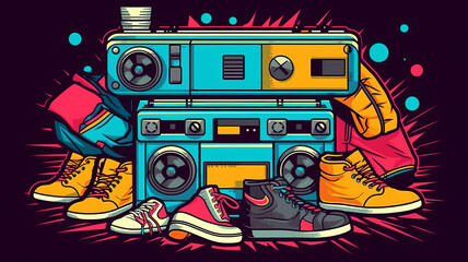 Fototapeta premium Design 80s-themed online clothing store logo , roller skates, cassette tapes.
