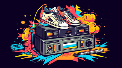 Design 80s-themed online clothing store logo , roller skates, cassette tapes.