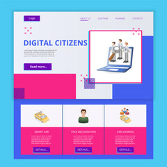 Digital citizens flat landing page website template. Smart car, face recognition, car sharing. Web banner with header, content and footer. Vector illustration.