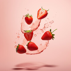 strawberry and milk, straight-on shot of 4 strawberries, sliced, thrown in the air from table, light peach-colored blends background