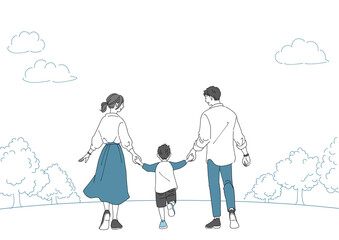 自然の中で手を繋ぐ仲良しの家族