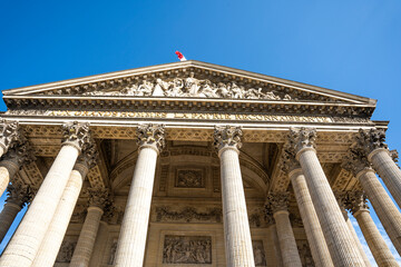 A detail of the façade of the Pantheon, built in 18th century, where many French notable people...