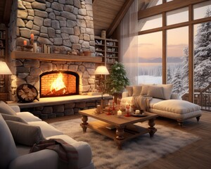 A cozy den nestled within a grand building, adorned with a stone fireplace and a large window overlooking the bustling city, complete with plush furniture and a warm hearth to melt away the stress of - obrazy, fototapety, plakaty