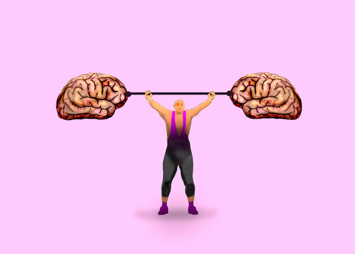 Person weightlifting brains against pink background