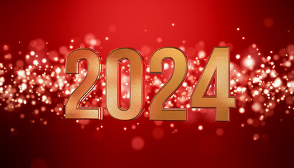 3d render of christmas golden light shine particles bokeh over red background and the numbers 2024 in gold - represents the new year - vacation concept.