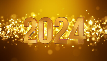 3d render of christmas golden light shine particles bokeh over golden background and the numbers 2024 in gold - represents the new year - vacation concept.