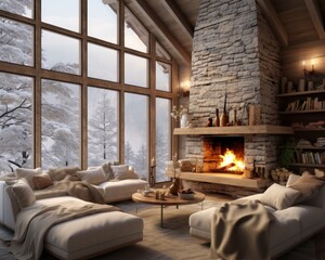 A cozy indoor sanctuary, adorned with plush furniture and warm pillows, surrounds a hearth and fireplace, inviting you to snuggle up on the couches and gaze out the window at the winter wonderland be