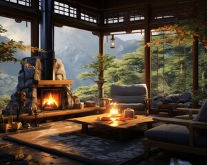 Amidst the rugged mountain landscape, a cozy indoor room with a roaring fireplace and a comfortable couch awaits, nestled among towering trees and inviting both relaxation and adventure