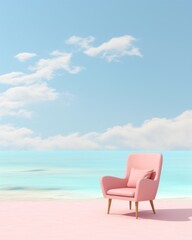 A serene pink chair perched on a sandy beach, basking in the endless sky above and the calming waves of the ocean below, surrounded by the natural elements of the earth