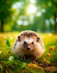 Cute Hedgehog on a garden lawn. Close up.