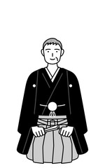 正座で挨拶する紋付袴姿のシニア男性、お正月の初詣や結婚式で