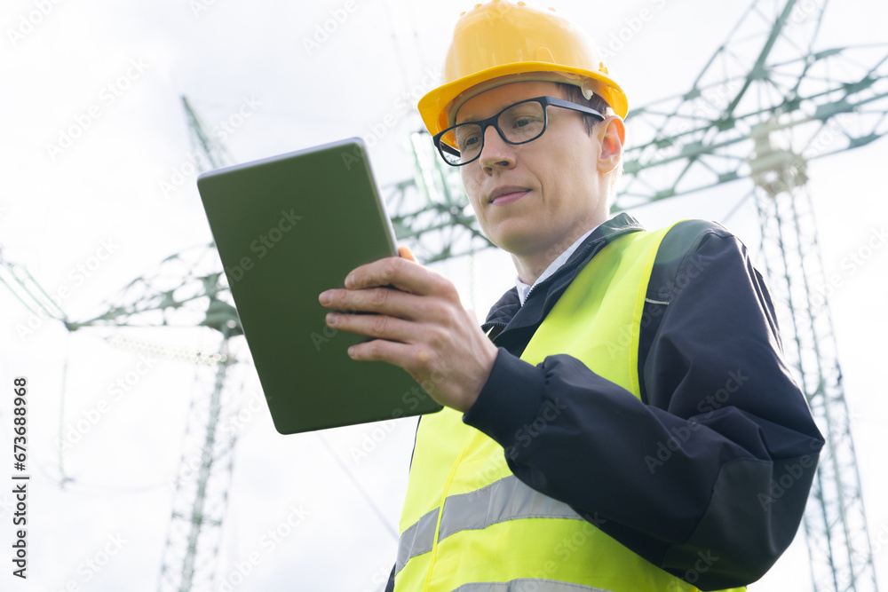 Poster Engineer with digital tablet on a background of power line tower.