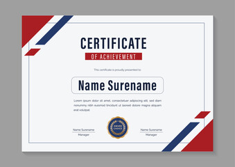 red and blue minimalist horizontal certificate of achievement design template with gold badge - obrazy, fototapety, plakaty