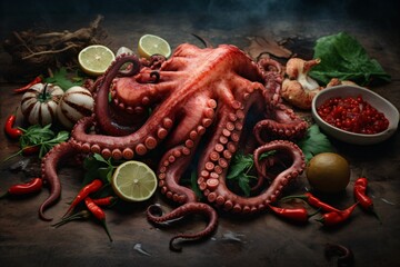 Octopus meat on a cooking table