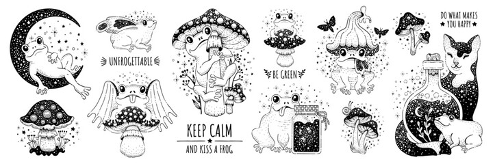 Cute animal characters, frogs, toads and cat with mushrooms, flowers and butterfly wings. Outline drawing set of funny frogs with positive slogans. Witch and forest icons. Vector sketch illustration