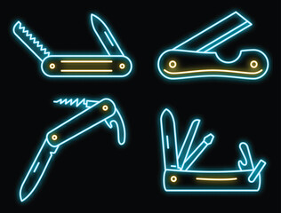 Multifunction penknife icons set. Outline set of multifunction penknife vector icons neon color on black