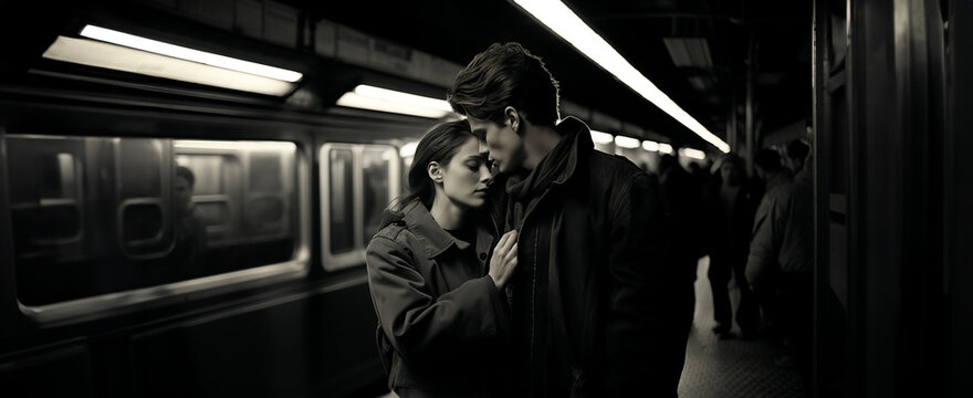 A romantic film still of a couple, a young woman and a young man, both in their 20s in an urban scene. Fall in love at first sight in the subway station. Wide scale photograph.
