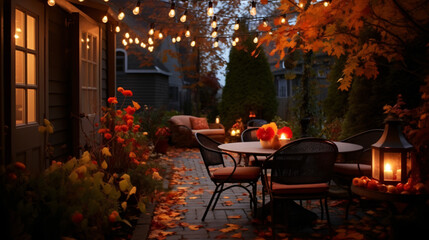 Fototapeta na wymiar Autumn patio party lights decorate a cozy garden