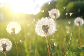 Dandelion Seeds Floating in Sunlight Over Fresh Green Morning with beautiful sun and blue sky.